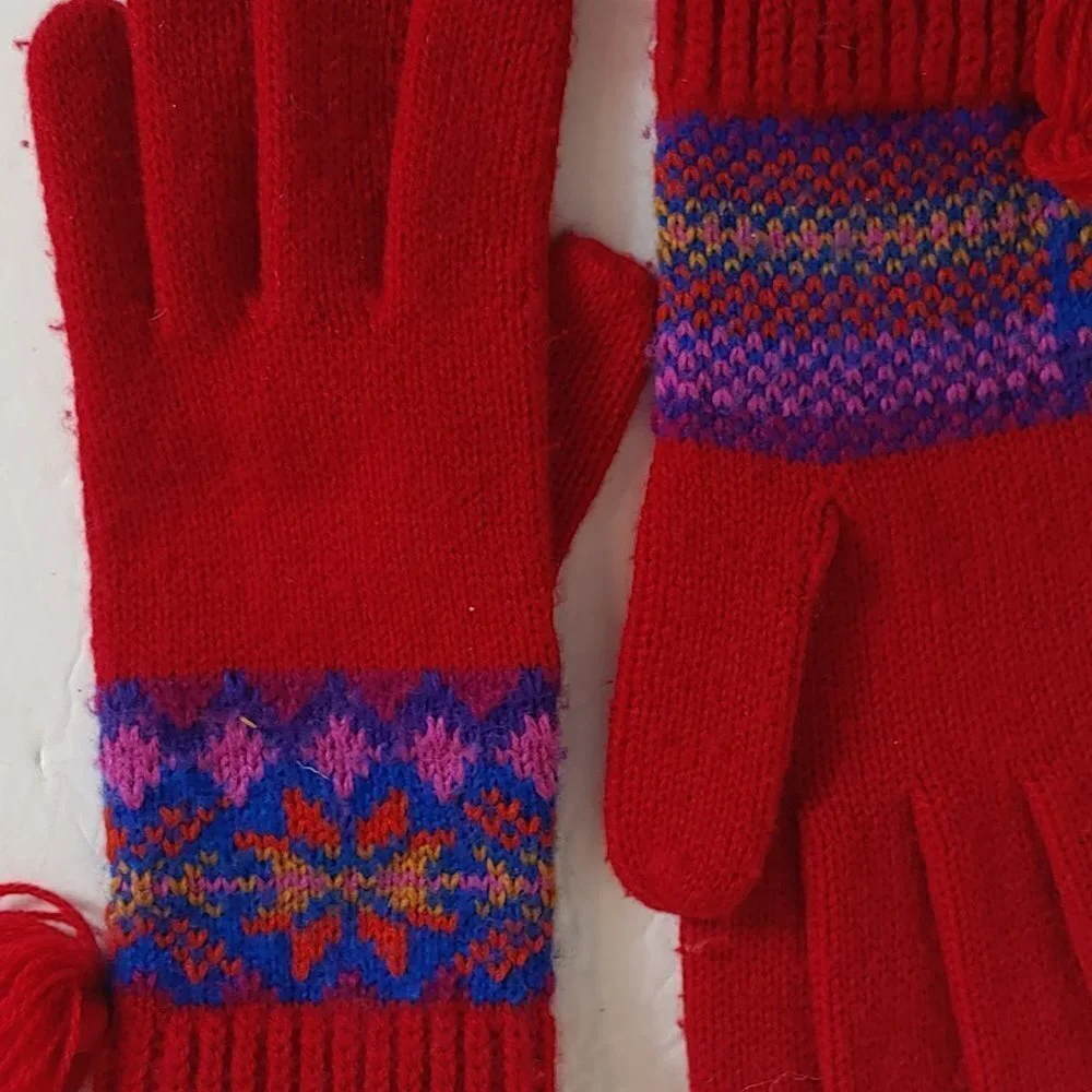 Vintage Fair‎ Isle Gloves Knit Pom Pom Adult Boho Red Purple